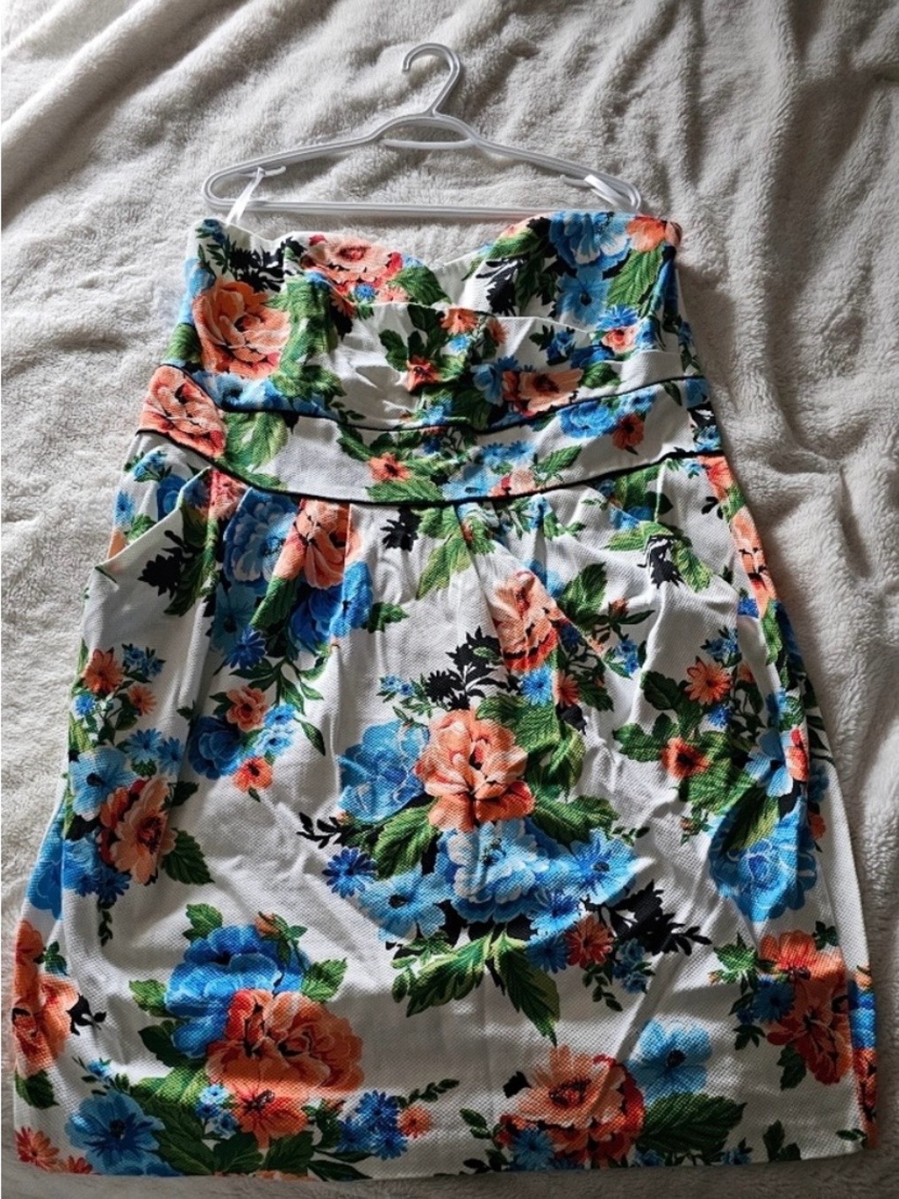 White Floral Strapless Skirt with Blue & Coral Blooms